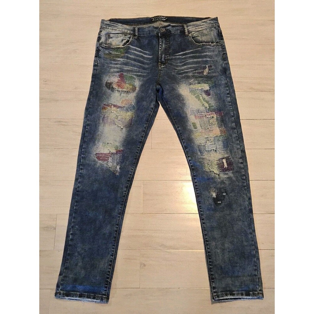 Decibel Mens Distressed Embroidered Multi Color Jeans Mens Size 42x33